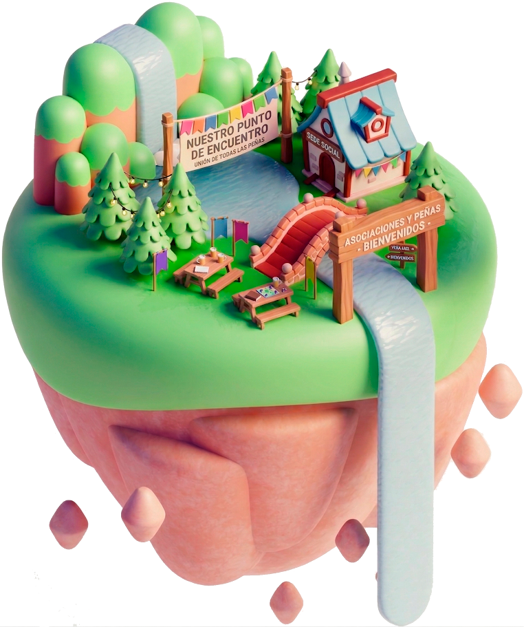 Ilustración 3D de una sede social de asociaciones y peñas con zona de encuentro y bienvenida a socios